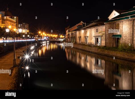 Landscape view of Otaru canals and warehouse at night in Hokkaido Japan ...