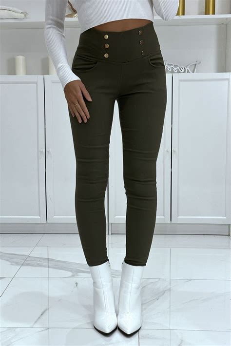 Pantalon Slim Kaki Extensible à Taille Haute Et Boutons Dorés Et Poches