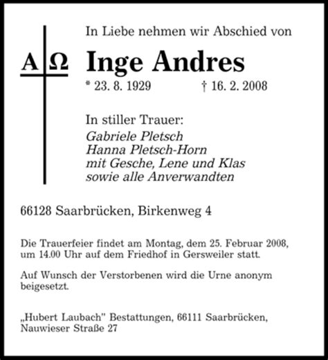 Traueranzeigen Von Inge Andres Saarbruecker Zeitung Trauer De