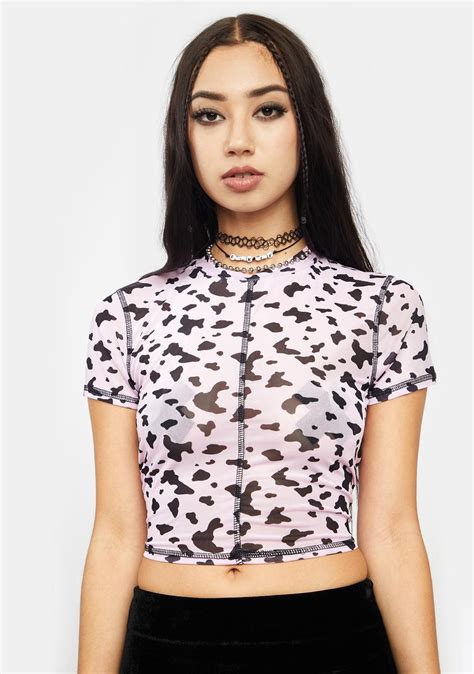 Sheer Mesh Cow Print Exposed Seam Crop Top Black White Dolls Kill