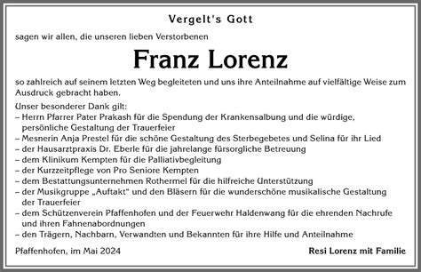 Traueranzeigen Von Franz Lorenz Augsburger Allgemeine Zeitung