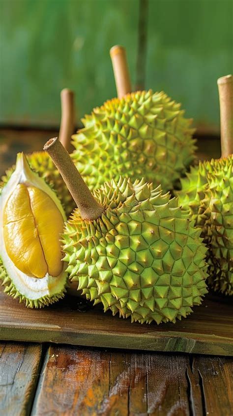 Fresh Durian Fruit On Wooden Background King Of Fruits With Spiky