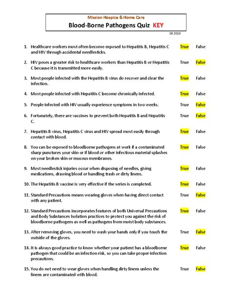 Answers For Bloodborne Pathogens Quiz Bloodborne Pathogens Q