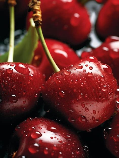 Vista De Arriba Hacia Abajo De Cereza Roja Fresca Con Gotas De Agua Ia