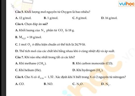 Câu 5 Khối Lượng Mol Nguyên Tử Oxygen Là Bao Nhiêu A 12 G Mol B 1 G Mol C 8 G Mol Câu 6