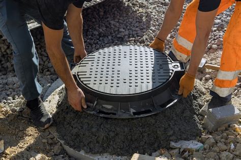 Premium Photo A Worker Installs A Sewer Manhole On A Septic Tank Made