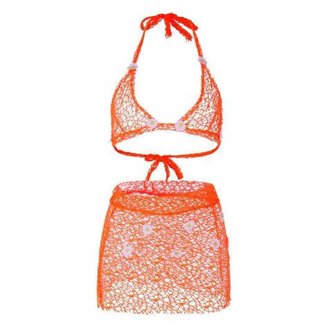 Ladymiss Women Two Piece Crochet Bikini Skirt Set Push Up Beach