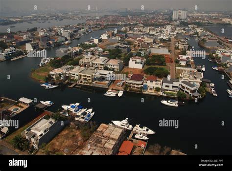 Aerial view of Jakarta coastal area from the seafront residential ...