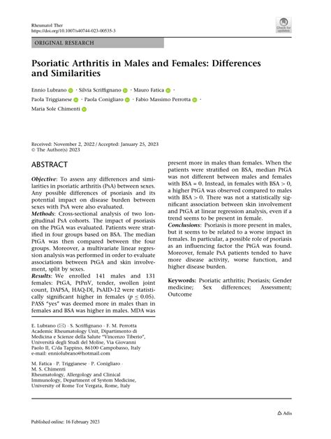 PDF Psoriatic Arthritis In Males And Females Differences And