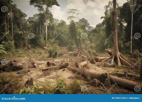 Deforestation And Habitat Destruction In A Tropical Rainforest With Trees Being Felled And