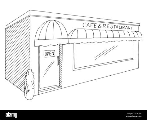 Cafe Restaurant Exterior Graphic Black White Isolated Sketch