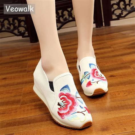 Veowalk Flower Embroidered Womens Slip On Canvas Platforms Shoes Low