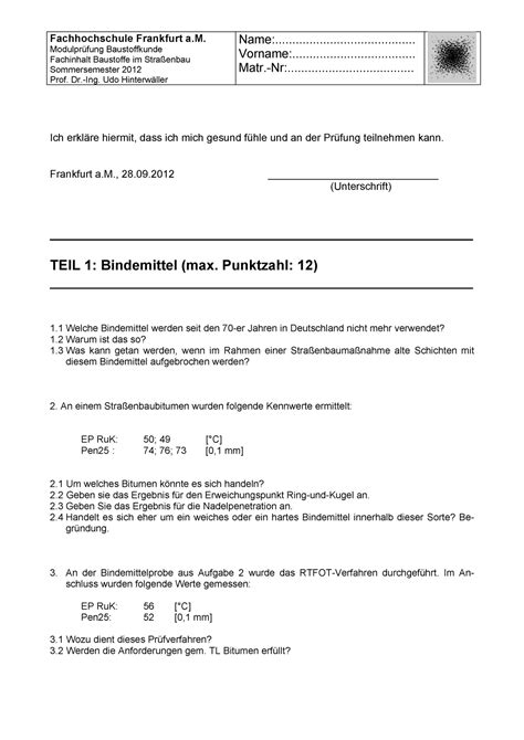 Klausur Sommersemester 2012 Fragen Fachhochschule Frankfurt A