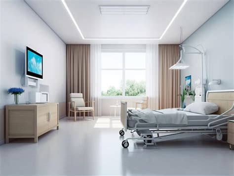 Premium Photo | A hospital room with a bed and a television on the wall.