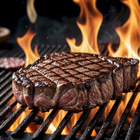 Steaks Cooking On A Grill With Flames In The Background Premium Ai