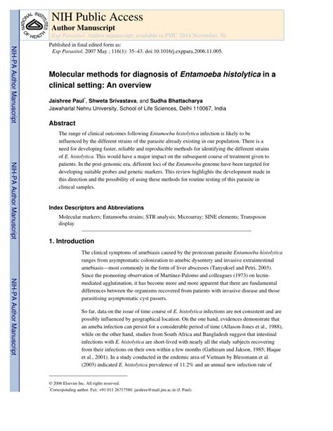 Pdf Molecular Methods For Diagnosis Of Entamoeba Histolytica In A Clinical Setting An Overview