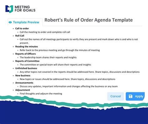 Robert S Rule Of Order Agenda Template Meeting For Goals