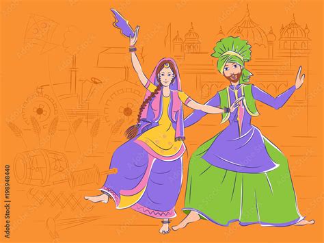 Couple Performing Bhangra Folk Dance Of Punjab India Stock Vector