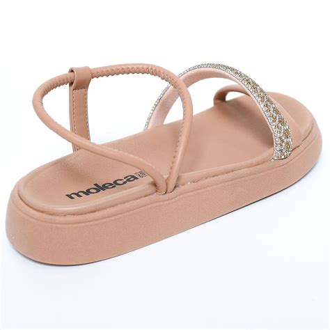 Rasteira Moleca Flatform Tiras Strass Feminina Nude Bege