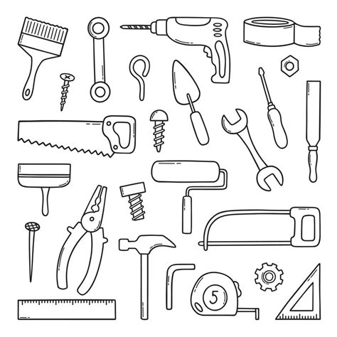 Hand Drawn Set Of Construction Tools Doodle Different Working And