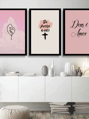 Kit Quadros Sala Quarto Amor E Fe Rosa A Compre Produtos