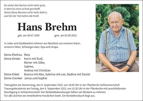 Hans Brehm Traueranzeige Trauer Infranken De