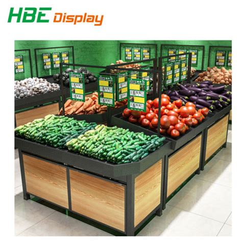 China Customized Supermarket Wood Steel Vegetable Display Rack Stand