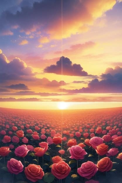 Una pintura de un campo de flores con la puesta de sol detrás de él