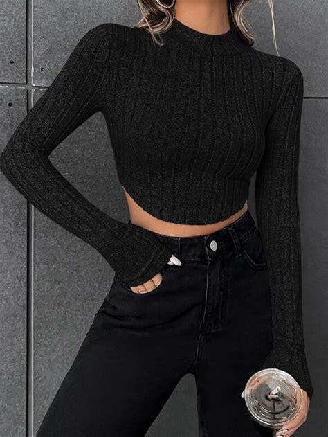 SHEIN EZwear Mock Neck Ribbed Knit Crop Tee SHEIN EUR