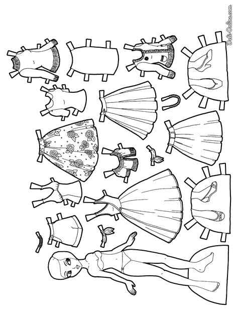Раскраска Бумажная кукла с одеждой для вырезания с розами распечатать или скачать