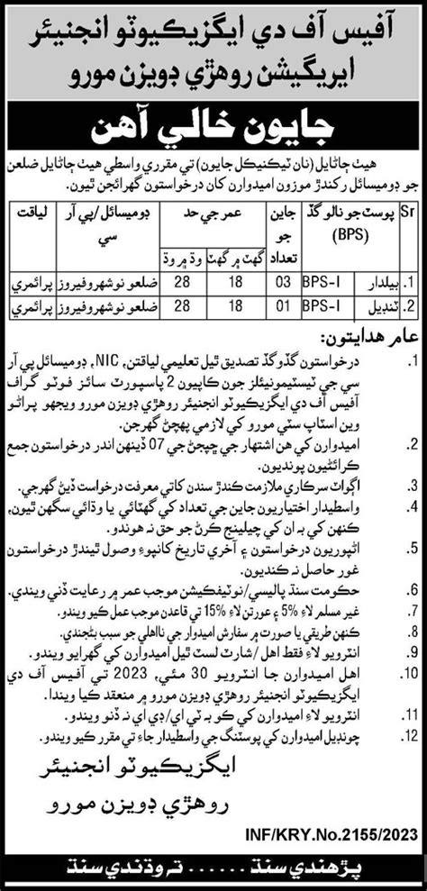 Irrigation Department Rohri Division Moro Jobs 2023 2024 Job