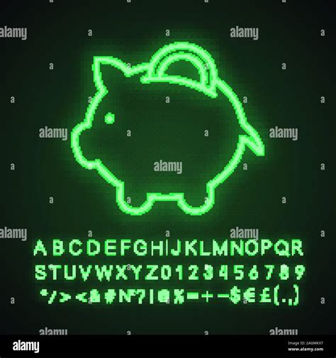 Piggy Bank Neon Light Icon Glowing Sign With Alphabet Numbers And