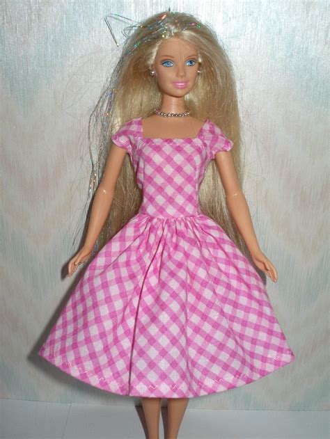 Handmade Barbie doll clothes pink plaid dress