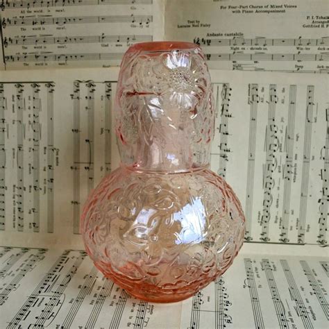 Pressed Glass Bedside Vintage Water Pitcher Carafe With Etsy Pink Floral Pattern Shabby