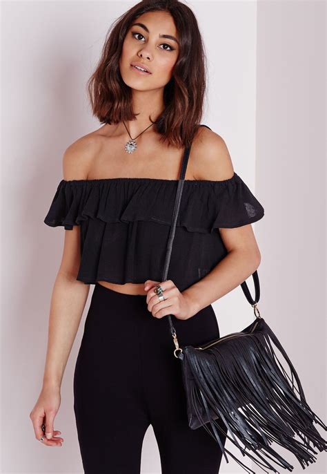 Missguided Bardot Crop Top Black Bardot Crop Top Black Crop Tops Tops