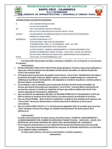 Informe 0015 Sg Idur Levantamiento De Observaciones De Ficha Lurawi Pdf