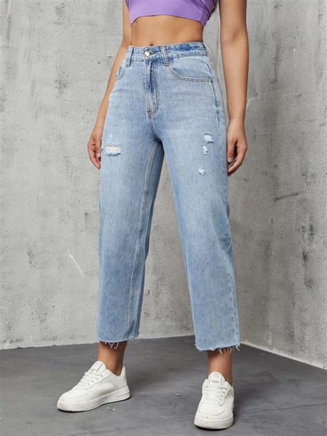 Shein Ezwear Jeans Mit Geradem Beinschnitt Hoher Taille Riss Shein