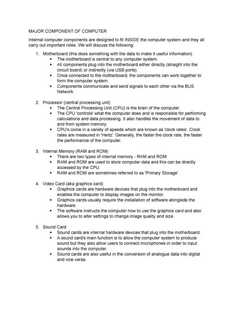 Major components of computer - MAJOR COMPONENT OF COMPUTER Internal ...