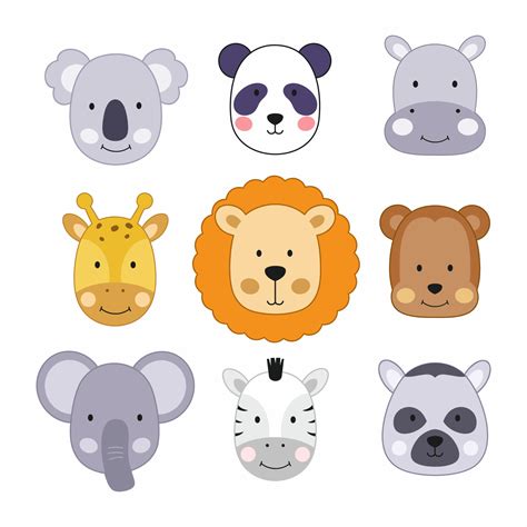 A set of illustrations with cute animal faces. Wild animals for kids in ...