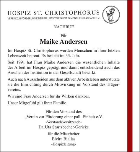 Traueranzeigen Von Maike Andersen Trauer Und Gedenken