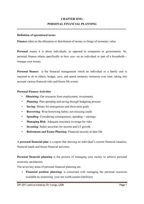 Dfi 201 Notes Pdf Chapter One Personal Financial Planning Studocu