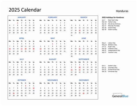 2025 Calendar With Holidays For Honduras