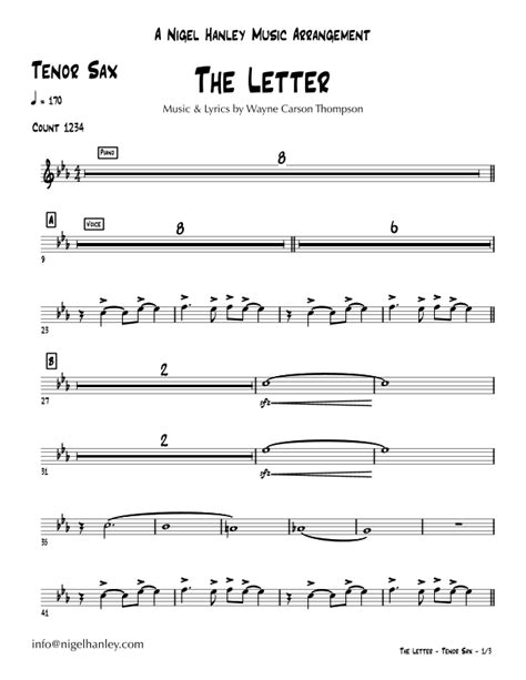 The Letter Arr Nigel Hanley By Box Tops Sheet Music For Jazz