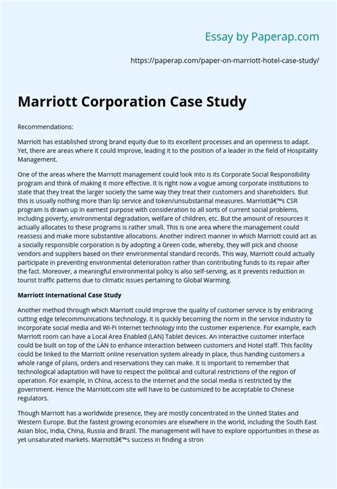 Marriott Corporation Case Study Free Essay Example