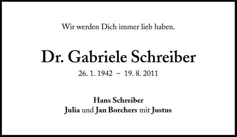 Traueranzeigen Von Gabriele Schreiber Sz Gedenken De