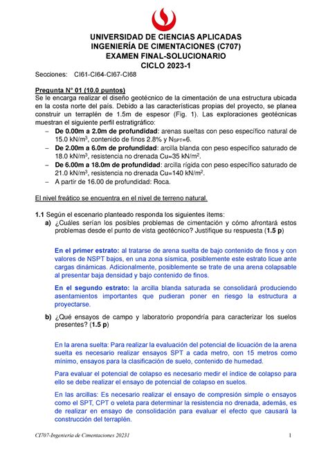 202301 Ex Final Ingeniería de Cimentaciones Solucionario UNIVERSIDAD