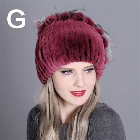 Cheap Women Winter Beanies Natural Rex Rabbit Fox Skin Knitted Mushroom