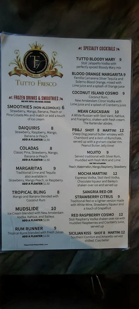 Menu at Tutto Fresco pizzeria, Port St. Lucie, Reserve Blvd