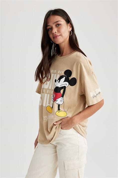 Bej Kadın Disney Mickey Minnie Oversize Fit Bisiklet Yaka Baskılı