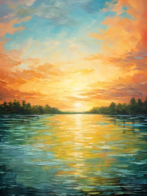 Premium AI Image | sunset on the lake painting